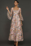 Mauve Floral A Line Embroidered Flutter Sleeves Long Formal Dress