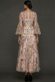 Mauve Floral A Line Embroidered Flutter Sleeves Long Formal Dress