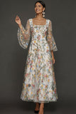 Mauve Floral A Line Embroidered Flutter Sleeves Long Formal Dress