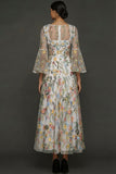 Mauve Floral A Line Embroidered Flutter Sleeves Long Formal Dress