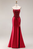 Dark Green Satin Strapless Appliqued Mermaid Long Prom Dress with Slit
