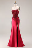 Dark Green Satin Strapless Appliqued Mermaid Long Prom Dress with Slit