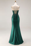 Dark Green Satin Strapless Appliqued Mermaid Long Prom Dress with Slit