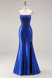 Dark Green Satin Strapless Appliqued Mermaid Long Prom Dress with Slit