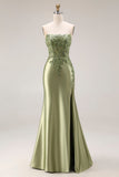 Dark Green Satin Strapless Appliqued Mermaid Long Prom Dress with Slit