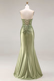 Dark Green Satin Strapless Appliqued Mermaid Long Prom Dress with Slit