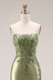 Dark Green Satin Strapless Appliqued Mermaid Long Prom Dress with Slit