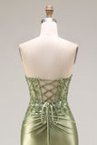 Dark Green Satin Strapless Appliqued Mermaid Long Prom Dress with Slit