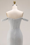 Light Grey Off The Shoulder Mermaid Pleated Long Prom Dress with Slit
