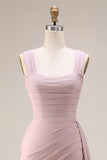 Pink Mermaid Pleated Satin Side Slit Long Prom Dress with Cape