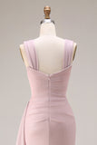 Pink Mermaid Pleated Satin Side Slit Long Prom Dress with Cape