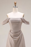 Grey Off The Shoulder Ruched Long Prom Dress with Lace Up Back