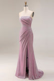 Dusty Plum Strapless Mermaid Ruched Long Prom Dress with Slit