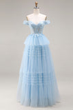 Princess Sky Blue Off The Shoulder Ruffled Long Tulle Prom Dress with Embroidery