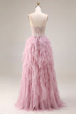 Dusty Pink A-Line Tulle Spaghetti Straps Long Prom Dress with Ruffles