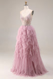 Dusty Pink A-Line Tulle Spaghetti Straps Long Prom Dress with Ruffles