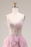 Dusty Pink A-Line Tulle Spaghetti Straps Long Prom Dress with Ruffles