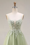 Light Green Tulle A-Line Corset Appliqued Spaghetti Straps Long Prom Dress