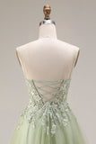 Light Green Tulle A-Line Corset Appliqued Spaghetti Straps Long Prom Dress