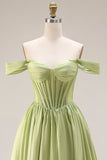 Green A-Line Off The Shoulder Beaded Sheer Corset Long Prom Dress with Slit