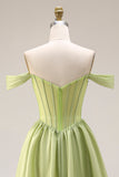 Green A-Line Off The Shoulder Beaded Sheer Corset Long Prom Dress with Slit