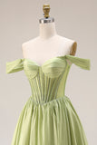 Green A-Line Off The Shoulder Beaded Sheer Corset Long Prom Dress with Slit