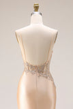 Champagne Beaded Mermaid Corset Long Satin Prom Dress with Slit