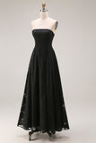 Black Lace Strapless A Line Long Formal Dress with Back Zipper