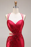 Red Appliqued Mermaid Cut Out Satin Long Prom Dress with Slit