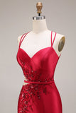 Red Appliqued Mermaid Cut Out Satin Long Prom Dress with Slit