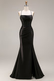 Black Satin Spaghetti Straps Mermaid Long Formal Dress with Slit