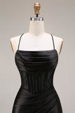 Black Satin Spaghetti Straps Mermaid Long Formal Dress with Slit