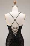 Black Satin Spaghetti Straps Mermaid Long Formal Dress with Slit