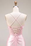 Pink Basque Waist Appliqued Mermaid Satin Long Prom Dress with Slit