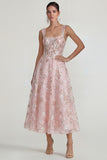 Sparkly Pink Appliqued Square Neck Corset Long Wedding Guest Dress