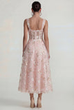 Sparkly Pink Appliqued Square Neck Corset Long Wedding Guest Dress