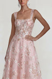 Sparkly Pink Appliqued Square Neck Corset Long Wedding Guest Dress
