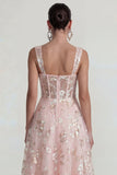 Sparkly Pink Appliqued Square Neck Corset Long Wedding Guest Dress