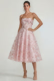 Sparkly Flower Appliqued Pink Strapless A Line Long Wedding Guest Dress
