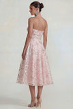 Sparkly Flower Appliqued Pink Strapless A Line Long Wedding Guest Dress