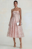 Sparkly Flower Appliqued Pink Strapless A Line Long Wedding Guest Dress