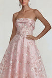 Sparkly Flower Appliqued Pink Strapless A Line Long Wedding Guest Dress