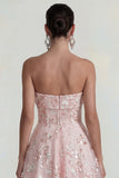 Sparkly Flower Appliqued Pink Strapless A Line Long Wedding Guest Dress