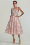Sparkly Flower Appliqued Pink One Shoulder A Line Long Wedding Guest Dress