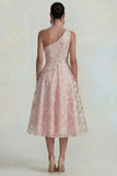 Sparkly Flower Appliqued Pink One Shoulder A Line Long Wedding Guest Dress