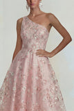 Sparkly Flower Appliqued Pink One Shoulder A Line Long Wedding Guest Dress