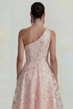 Sparkly Flower Appliqued Pink One Shoulder A Line Long Wedding Guest Dress