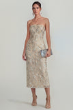 Sparkly Floral Appliqued Pink Strapless Sheath Maxi Wedding Guest Dress