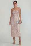 Sparkly Floral Appliqued Pink Strapless Sheath Maxi Wedding Guest Dress