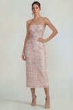 Sparkly Floral Appliqued Pink Strapless Sheath Maxi Wedding Guest Dress